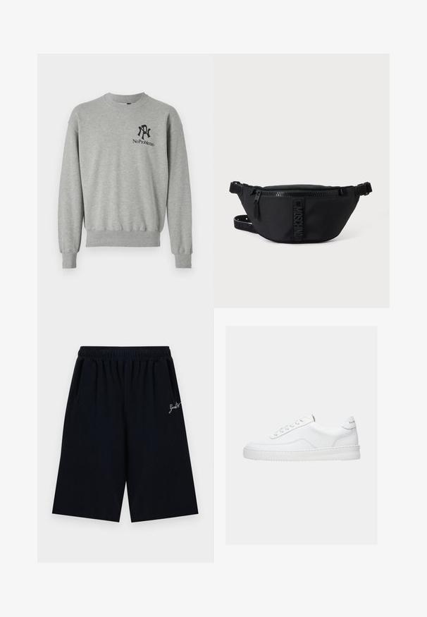 Grå sweatshirt med rund hals, ribbede manchetter og kant. Har sorte grafikker: et "R" og "No Problemo" på venstre brystområde.; Sorte knælange shorts med elastisk talje og lille hvid kursiv tekst på højre side.; Hvid lavt sneaker med snørelukning, glat læderoverdel og tyk sål, vist fra siden på en ensfarvet baggrund.; Sort Moschino bæltetaske med frontlynlås og justerbar rem på en ensfarvet lys baggrund.
