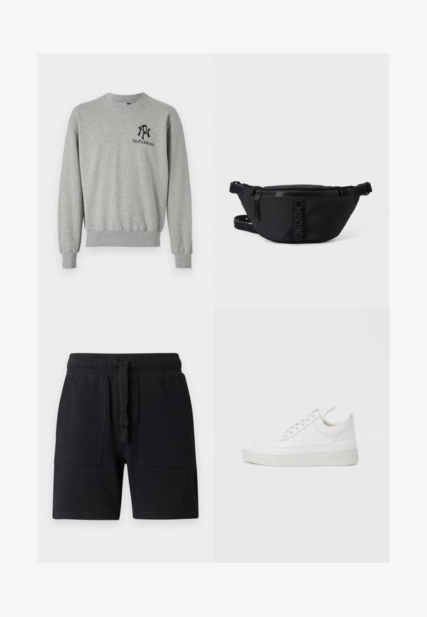 Grå sweatshirt med rund hals, ribbede manchetter og kant. Har sorte grafikker: et "R" og "No Problemo" på venstre brystområde.; Sorte shorts lavet af bomuldsblanding, med elastisk talje og snor, to sidelommer og en lille logo-detalje.; Hvid lædersneaker med rundet tå, flad sål og snørebånd foran. Har syningsdetaljer og polstret krave for komfort.; Sort Moschino bæltetaske med frontlynlås og justerbar rem på en ensfarvet lys baggrund.