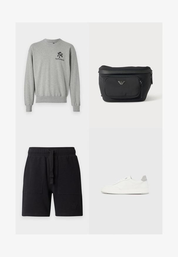 Grå sweatshirt med rund hals, ribbede manchetter og kant. Har sorte grafikker: et "R" og "No Problemo" på venstre brystområde.; Sorte shorts lavet af bomuldsblanding, med elastisk talje og snor, to sidelommer og en lille logo-detalje.; Hvid lavtop-sneaker med gråt hælflig, hvide snørebånd og tekstureret sål, vist på en ensfarvet lys baggrund.; Sort bæltetaske med frontlynlåslomme og sølv ørn-logo, glat stof med tekstureret kant og lynlåstræk.