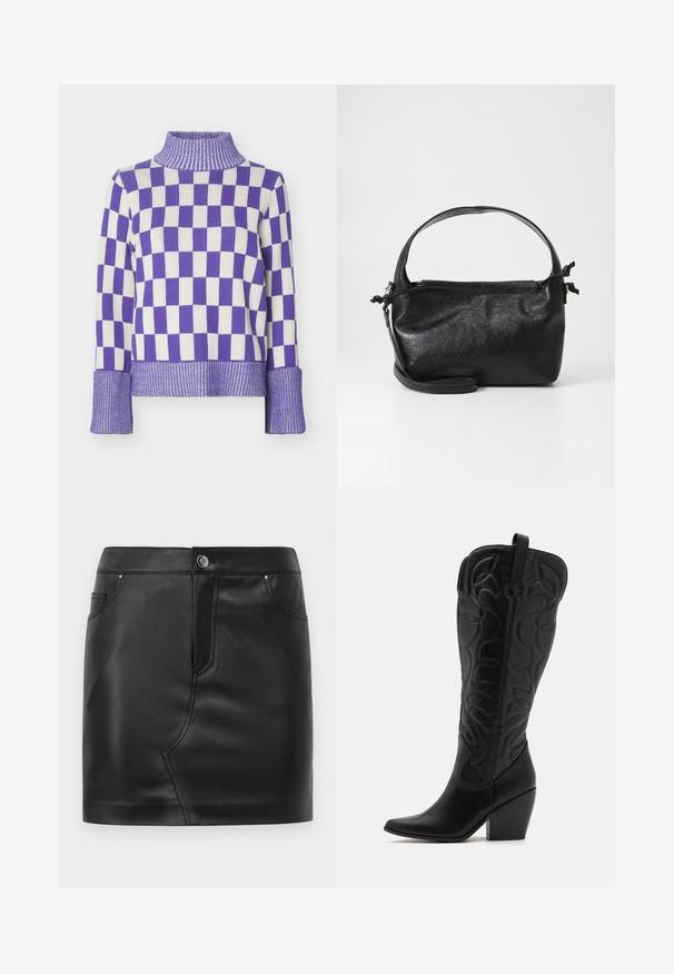 Pull en tricot avec un motif de damier violet et blanc, col roulé à côtes hautes et larges poignets côtelés.; Mini-jupe en simili cuir noir avec un bouton à l'avant, fermeture éclair, poches avant et arrière, et détails de couture.; Bottes hautes en cuir noir jusqu'aux genoux avec bout pointu et talon empilé. Caractéristiques de coutures décoratives et éléments de design courbés.; Sac à main en cuir noir au design structuré, avec une poignée arrondie et une bandoulière amovible. Présente une texture lisse et un éclat subtil.