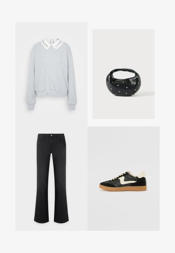 Sweatshirt gris à manches longues, avec un ourlet arrondi et un col blanc arborant un design de rayures argentées. Texture de tissu douce.; Jean noir taille haute à jambes évasées, bouton sur le devant, fermeture éclair et design cinq poches sur un fond clair uni.; Baskets en daim et cuir noir avec un swoosh latéral crème et un talon crème clair. Dotées de lacets beige et d'une semelle en caoutchouc gomme.; Sac à main en cuir noir de forme arrondie, décoré de clous argentés et équipé d'une poignée courte. Texture lisse et fermeture éclair.