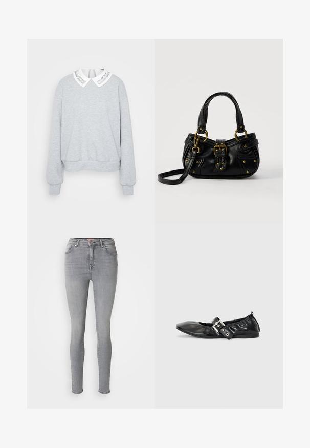 Grijze sweatshirt met lange mouwen, een ronde zoom en een witte kraag met een zilveren streepdesign. Zachte stoftextuur.; Grijze denim skinny jeans met een gladde textuur, hoge taille, vijf zakken en een metalen knoopsluiting aan de voorkant.; Zwarte leren platte schoen met een spitse neus, geplooide details rond de opening en een zilveren gespaccentueerde verstelbare band.; Zwarte leren handtas met gouden gesp en klinknagel details, korte handvatten en een verstelbare schouderriem op een effen witte achtergrond.