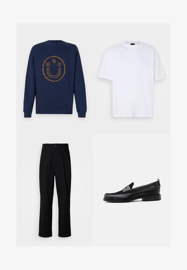 Sweat-shirt bleu marine avec un motif de barbelés formant un visage souriant et les lettres H, G et O à l'intérieur du cercle sur la poitrine.; T-shirt en coton blanc avec un col rond, des manches courtes et une coupe décontractée. Les coutures épaules texturées ajoutent un détail supplémentaire.; Pantalons noirs à jambes droites avec une taille à bouton, passants de ceinture et pli avant, présentés sur un fond blanc uni.; Mocassin en cuir noir avec détail de bride grise, talon bas et semelle texturée, marqué "HUGO" en or sur le côté.