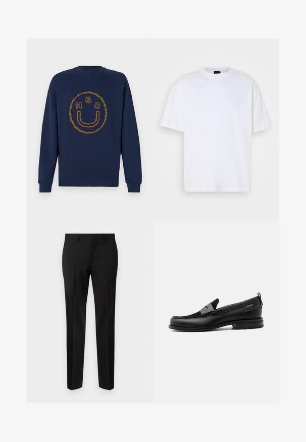 Marineblaue Sweatshirt mit einem Dornendrahtdesign, das ein Smiley-Gesicht bildet, und den Buchstaben H, G und O innerhalb des Kreises auf der Brust.; Weißes Baumwoll-T-Shirt mit Rundhalsausschnitt, kurzen Ärmeln und lässiger Passform. Verfügt über strukturierte Schulternaht für zusätzliche Details.; Schwarze maßgeschneiderte Hosen aus glattem Stoff, mit geradem Bein, feinen Bügelfalten und einem klassischen Bund mit Gürtelschlaufen.; Schwarzer Lederloafer mit grauem Riemendetail, niedrigem Absatz und strukturierter Sohle, seitlich mit „HUGO“ in Gold gebrandmarkt.