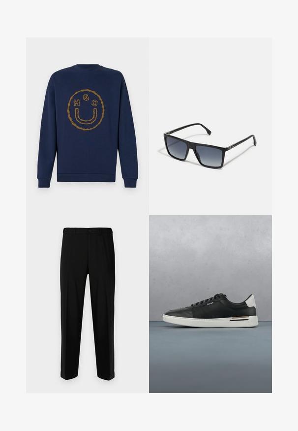 Marineblaue Sweatshirt mit einem Dornendrahtdesign, das ein Smiley-Gesicht bildet, und den Buchstaben H, G und O innerhalb des Kreises auf der Brust.; Schwarze Hosen aus glattem Stoff, mit geradem Schnitt, zwei vorderen Taschen und einem Reißverschluss mit Knopfverschluss.; Schwarze Ledersneaker mit weißer Sohle, ausgestattet mit Perforationen, Schnürdesign, Logo an der Seite und kontrastierenden Fersendetails in Weiß und Braun.; Schwarze rechteckige Sonnenbrillen mit verlaufsdunklen bis hellen Gläsern. Kunststoffrahmen mit schlankem Design und minimalen Hardwaredetails an den Seiten.
