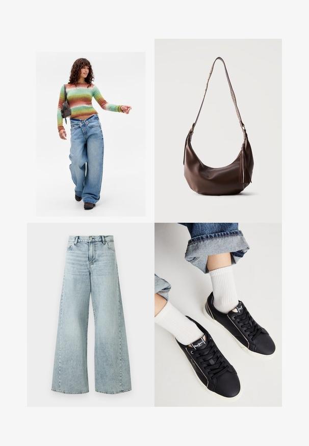 Kvinde går selvsikkert iført en flerfarvet stribet sweater, brede bukser med krydsede taljer, brune sko og bærer en brun skuldertaske.; Lysblå denim bukser med bred ben og høj talje, med knaplukning, fem lommer og frynset kant.; Sorte syntetiske sneakers med rund tå, kontrasterende beige sideluffer og klassisk snøring. Matchet med hvide ribbede sokker.; Brun skuldertaske i læder med guldnitter på stroppen og læderrispynte lynlås, vist mod en ensfarvet baggrund.