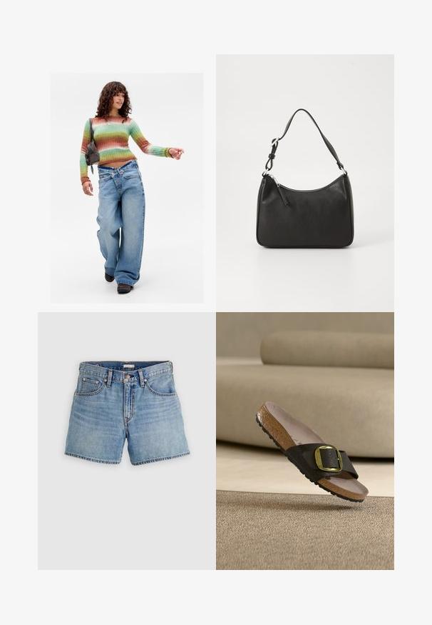 Kvinde går selvsikkert iført en flerfarvet stribet sweater, brede bukser med krydsede taljer, brune sko og bærer en brun skuldertaske.; Cowboyshorts i lyseblå, højtaljet design med fem lommer, lynlås og rå kant. Klassisk syning og let falmet tekstur.; Brun sandal med korksål, sort tekstureret rem og stor guldbeklædt spænde, der hviler på en beige tæppe nær en beige sofa.; Sort læderhåndtaske med en buet form, en enkelt rem, lynlås lukning og diskret branding på forsiden. Glat tekstur, minimalistisk design.