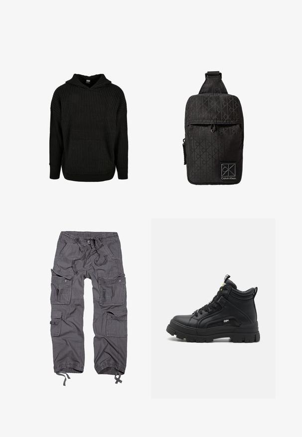 Hoodie noir en tricot côtelé avec une poche avant et une capuche à cordon. Présente une coupe ample et un motif texturé sur le tissu.; Pantalons cargo gris avec de multiples poches, taille à cordon, fermeture à bouton, poignets fuselés et finition en tissu texturé.; Baskets montantes noires en cuir texturé, dotées d'une semelle en caoutchouc épaisse, d'un laçage à l'avant et d'un petit logo sur le côté.; Sac bandoulière noir Calvin Klein avec motif logo CK sur toute la surface, poche zippée à l'avant et sangle réglable.