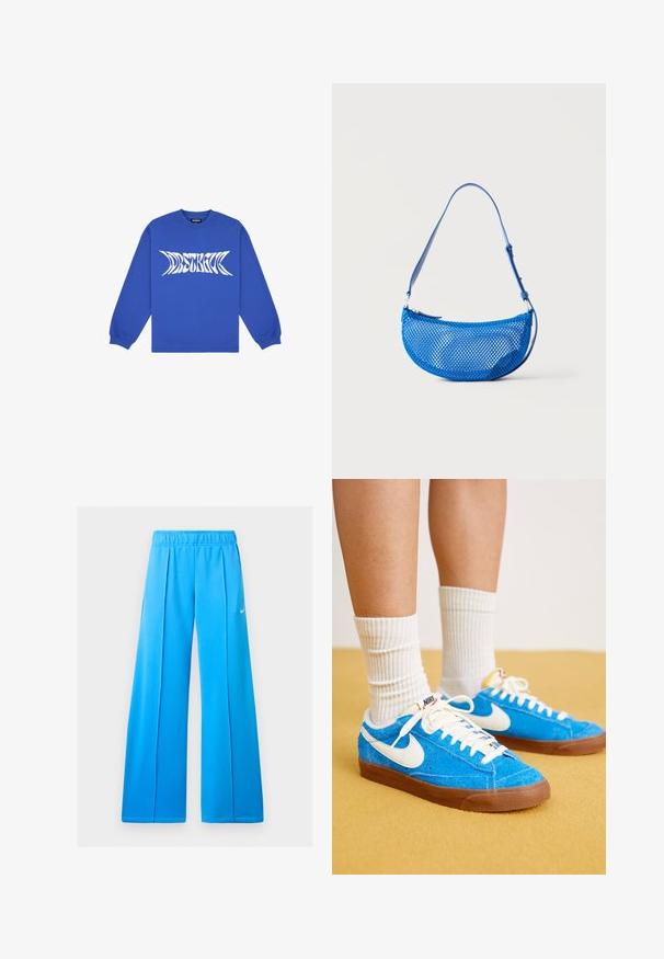 Sweatshirt bleu à manches longues en coton, ornée d'un design graphique en texte blanc audacieux sur le devant, avec un col et des poignets côtelés.; Pantalon de sport bleu vif à jambes larges avec taille élastique et petit logo blanc Nike swoosh sur la cuisse droite.; Des baskets Nike en daim bleu avec des accents blancs, des lacets plats et des semelles en caoutchouc marron, associées à des chaussettes blanches côtelées.; Sac à bandoulière bleu en mesh avec sangle réglable et fermeture éclair, présenté sur un fond blanc uni.