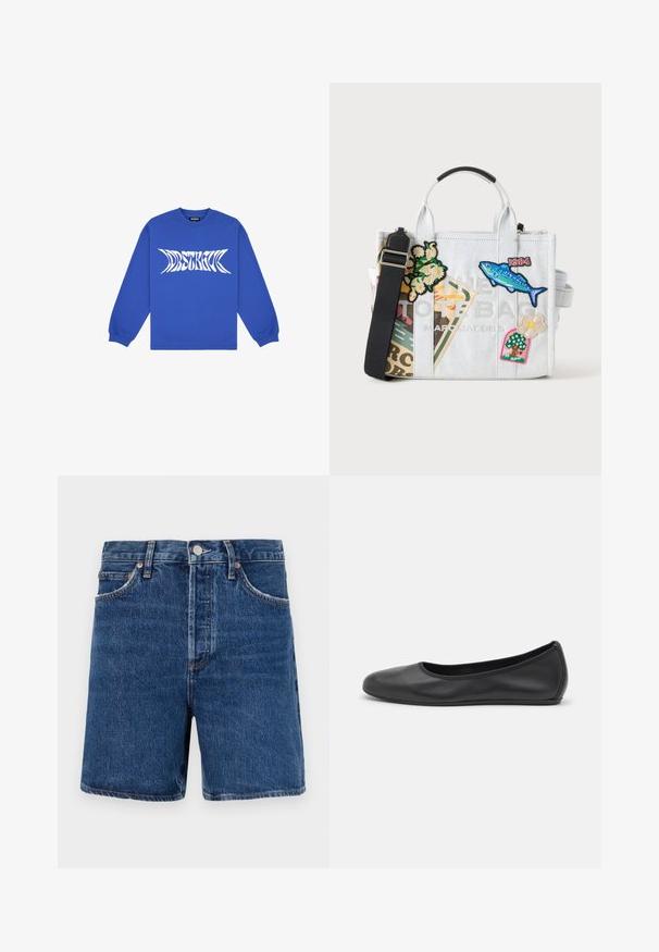 Chemise bleue à manches longues avec texte blanc déformé "WRSTBHVR" sur la poitrine et poignets côtelés aux poignets.; Chino shorts en denim bleu foncé avec une coupe classique, comportant cinq poches, une fermeture à bouton et des détails de couture orange contrastants.; Ballerines en cuir noir avec un bout rond, texture lisse, détails de couture minimalistes et design de semelle flexible.; Petit sac cabas blanc avec bandoulière noire, décoré de patchs colorés de fleurs et de poissons et texte imprimé.