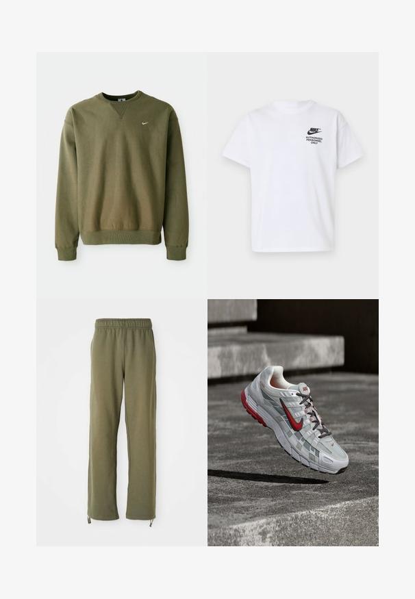 Oliivinvihreä Nike-huppari, jossa on pyöreä kaula-aukko ja resorihihansuut, esillä yksinkertaisen valkoisen taustan edessä.; Valkoinen Nike lyhythihainen T-paita mustalla "Nike"-logolla ja tekstillä "Authorized Personnel Only" vasemmassa rinnassa.; Vihreät puuvillaiset collegehousut, joissa on joustava vyötärö, suorat lahkeet ja säädettävät narut nilkoissa. Pehmeä kangas, rento muotoilu.; Valkoinen ja harmaa Nike juoksukenkä, jossa punaiset korostukset ja mustat nauhat, roikkuu harmaiden betonisten portaiden yläpuolella.