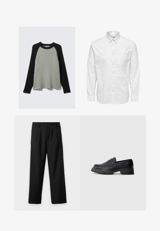 Pull côtelé vert et noir à manches longues, col rond, tissu texturé et couleurs contrastées. Style décontracté, coupe ample.; Chemise blanche à manches longues avec boutons, col et poche poitrine, étiquetée « Selected Homme » à l'intérieur du col.; Pantalons noirs à coupe droite, avec une fermeture à un bouton, deux poches avant et une texture de tissu lisse et léger.; Mocassins en cuir noir avec un bout arrondi, présentant une sangle décorative et une semelle en caoutchouc épaisse avec de profonds crampons pour une meilleure adhérence.