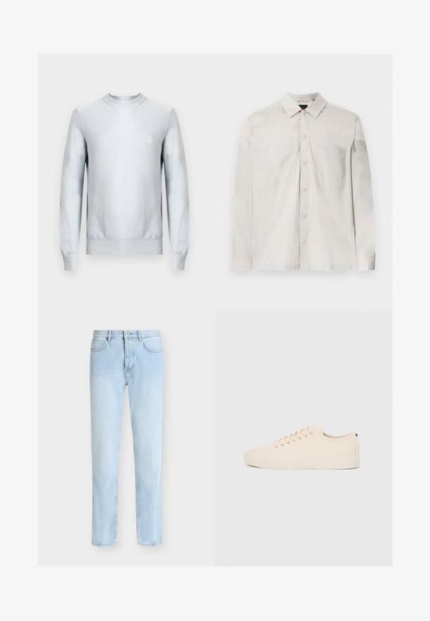 Lichtgrijze sweatshirt van gestructureerde stof met lange mouwen, ronde halslijn en een vierkante logopatch op de borst. Platte zoom.; Lichtbeige overhemd met lange mouwen, knoopsluiting, twee borstzakken en een klein logoplaatje op de linkermouw.; Lichtblauwe rechte spijkerbroek met vijf zakken, riemlussen en een knoop- en ritssluiting aan de voorkant.; Beige canvas sneakers met ronde neus, platte rubberen zool en vetersluiting aan de voorkant. Heeft een minimalistisch ontwerp en een contrasterende zwarte accent bij de hiel.