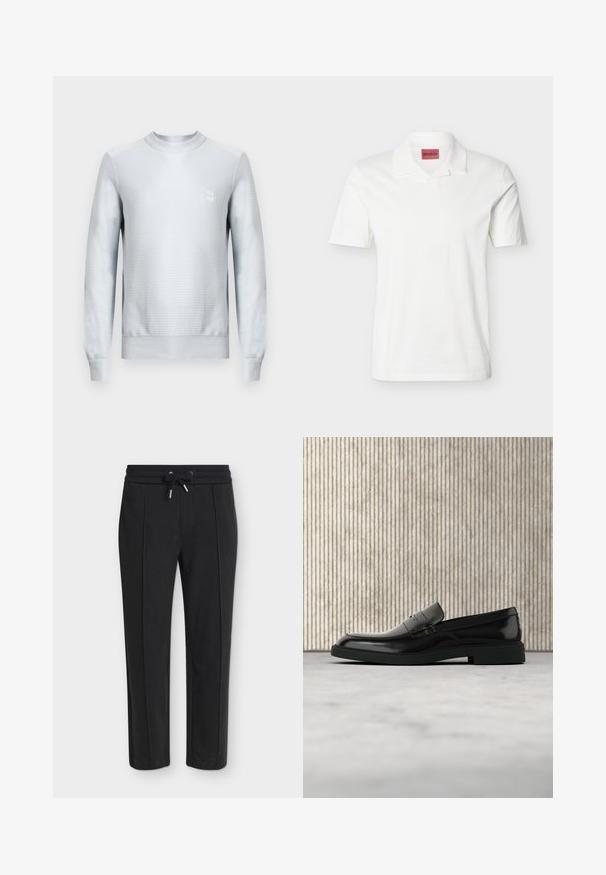 Lichtgrijze sweatshirt van gestructureerde stof met lange mouwen, ronde halslijn en een vierkante logopatch op de borst. Platte zoom.; Wit poloshirt met korte mouwen, een omgeplooide kraag en een rood HUGO-merklabel aan de binnenkant van de halslijn.; Zwarte taps toelopende broek met elastische tailleband en trekkoord, met een subtiele verticale ribstructuur.; Zwarte gepolijste leren loafer die boven een beige tapijt zweeft met oranje doorschijnend meubilair op de achtergrond.