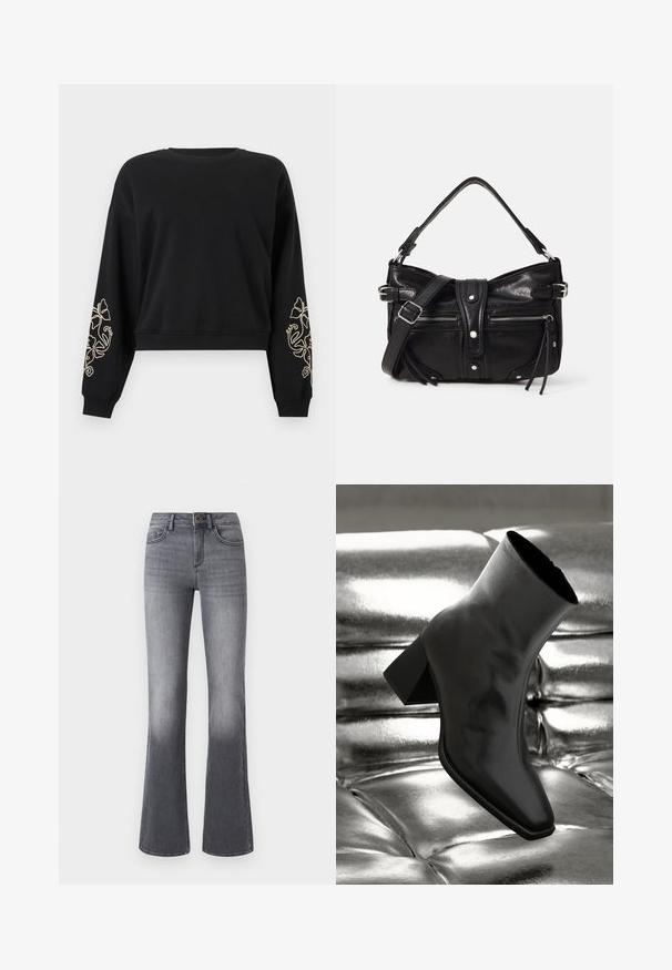 Sweat-shirt court noir à manches longues avec poignets et ourlet côtelés, orné de broderies florales beiges sur les deux avant-bras.; Jean flare taille haute en denim gris foncé, avec poches frontales, fermeture à bouton et légère décoloration vers l'ourlet.; Botte noire à la cheville en matériau brillant avec un bout carré et un talon effilé, sur un fond argenté brillant et capitonné.; Even&Odd by Zalando H24462 - Sac à main - black