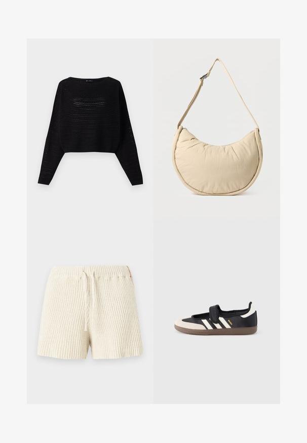 Sort strikket croppet sweater med lange ærmer, der har en åbent vævet tekstur og en bred halsudskæring. Ribbet kant forneden og ved ærmeenderne.; Cremefarvede strikkede shorts med ribbet tekstur, elastisk talje og snøre. Har et lille accentmærke på siden.; Sort og beige sko med velcrolukning, tre hvide striber på siden og en tekstureret brun gummisål. Mærkelogo er synligt.; Beige skuldertaske i halvmåneform med en blød, polstret overflade. Har justerbar rem og lynlås langs den øverste kant.