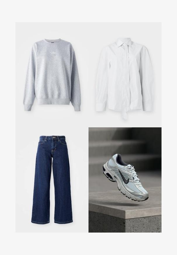 Sweat-shirt gris à manches longues, col rond, avec des poignets et un ourlet côtelés. Présente un petit logo blanc sur la poitrine. Matière en mélange de coton.; Chemise blanche à manches longues avec un col classique et un nœud devant allongé. Fabriquée en tissu lisse, elle présente une coupe décontractée et sans motifs.; Jean ample bleu foncé en denim, doté d'une fermeture à bouton et à zip, de passants de ceinture et d'un design classique à cinq poches.; Baskets de course Nike blanches et grises avec logo noir flottant au-dessus d'un rebord en béton sur fond gris flou.