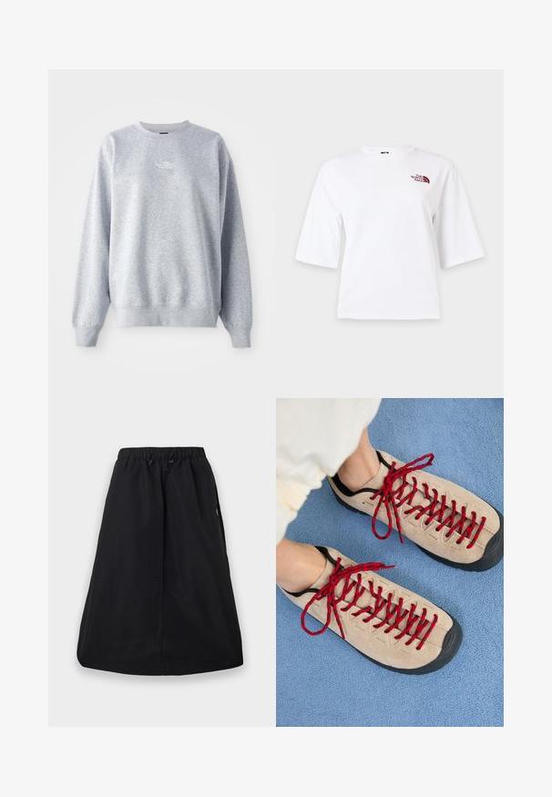 Grå sweatshirt med lange ærmer, rund halsudskæring, ribbede manchetter og kant. Har et lille hvidt logo på brystet. Materialet er en blanding af bomuld.; Hvid T-shirt med korte ærmer, rund hals og lille vinrødt logo på øverste venstre bryst.; Sort A-formet nederdel med elastisk taljebånd og justerbar snøre, knælængde, ensfarvet design med sidelommer.; Beige sko med røde snørebånd, placeret på en blå tekstureret overflade, delvist synliggørende en persons ankel. Skoene har et sporty design.