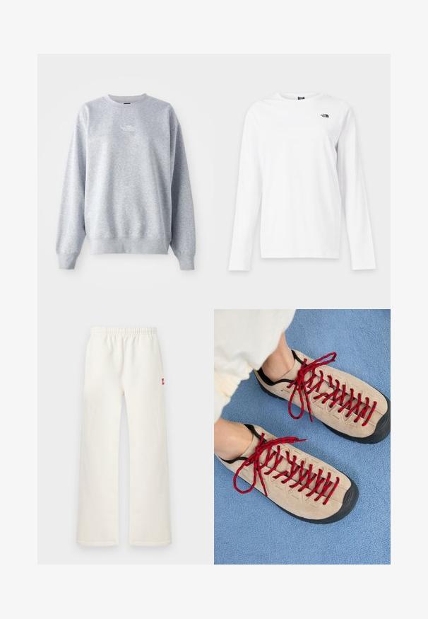 Hanorac gri cu mâneci lungi, decolteu rotund, cu mansete și tiv din tricot. Prezintă un mic logo alb pe piept. Material din amestec de bumbac.; Tricou alb cu mânecă lungă și guler rotund, cu un logo mic negru The North Face pe partea stângă a pieptului.; Pantaloni drepți de culoare alb-ostoasă, cu talie elastică și un mic patch roșu pe partea dreaptă, expuși pe un fundal simplu, deschis.; Pantofi beige cu sireturi roșii, așezați pe o suprafață texturată albastră, dezvăluind parțial glezna unei persoane. Pantofii au un design sportiv.