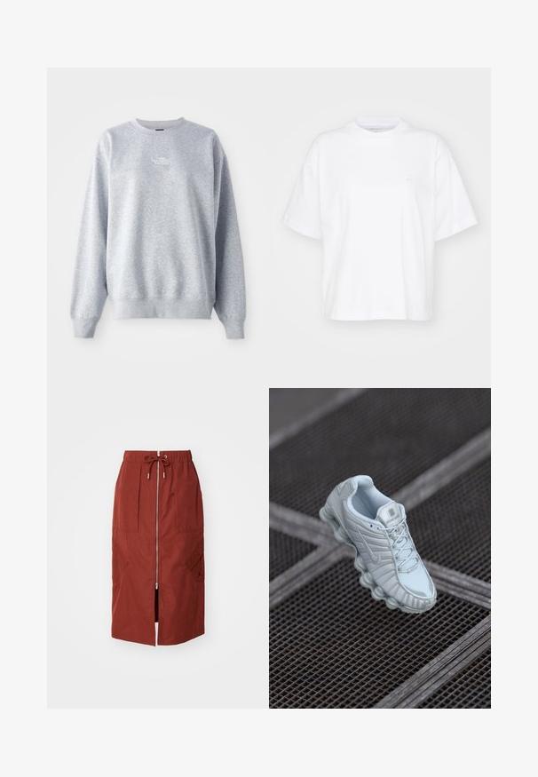 Sweat-shirt gris à manches longues, col rond, avec des poignets et un ourlet côtelés. Présente un petit logo blanc sur la poitrine. Matière en mélange de coton.; T-shirt en coton blanc avec un col rond, des manches courtes et une coupe décontractée. Présente un logo discret sur la zone gauche de la poitrine. Texture lisse.; Jupe mi-longue en rouge terre cuite, avec une fermeture éclair à l'avant, une taille élastique avec cordon de serrage et des poches latérales avec un design géométrique.; Baskets de sport bleu clair avec une tige texturée, présentant une semelle arrondie avec des éléments cylindriques et un logo proéminent sur la languette.