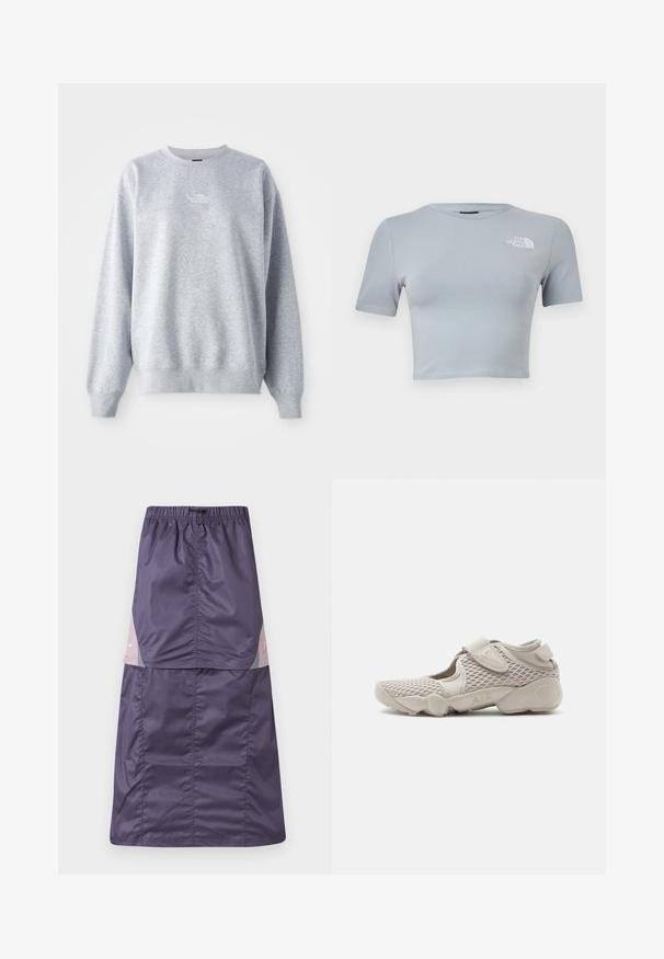 Grijze sweatshirt met lange mouwen, ronde halslijn, ribgebreide boorden en zoom. Bevat een klein wit logo op de borst. Gemaakt van een katoenmix.; Lichtgrijs cropped T-shirt met korte mouwen, een ronde hals en wit "The North Face" logo op de linkerborst.; Paarse nylon rok met een elastische tailleband, voorzien van kleurvlakpanelen in roze en groen, en een klein wit logo op het bovenste gedeelte.; Licht beige sportschoen met mesh bovenwerk, verstelbare riem en gevoerde zool met label "AIR", zijaanzicht op witte achtergrond.