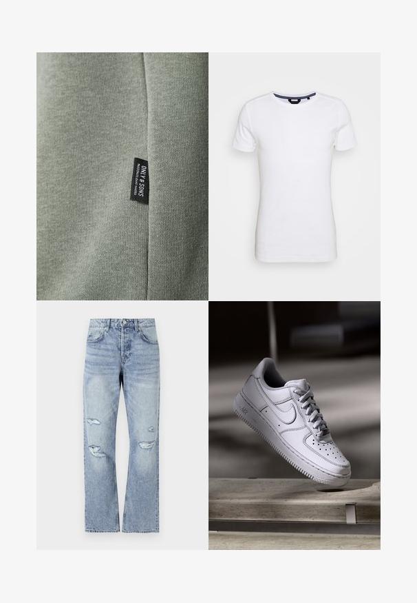 Lys grøn stof med en glat tekstur, der har et sort mærke med teksten "ONLY & SONS." Stoffet viser fine strikkemønstre.; Lindbergh T-shirts basic - white; Lyseblå denim jeans med lige ben design, der har slidte huller ved knæene og en klassisk fem-lommer stil.; Hvid læder Nike Air Force 1 sneaker med perforeret tå, flade snørebånd og tekstureret gummisål med "AIR" branding på siden.