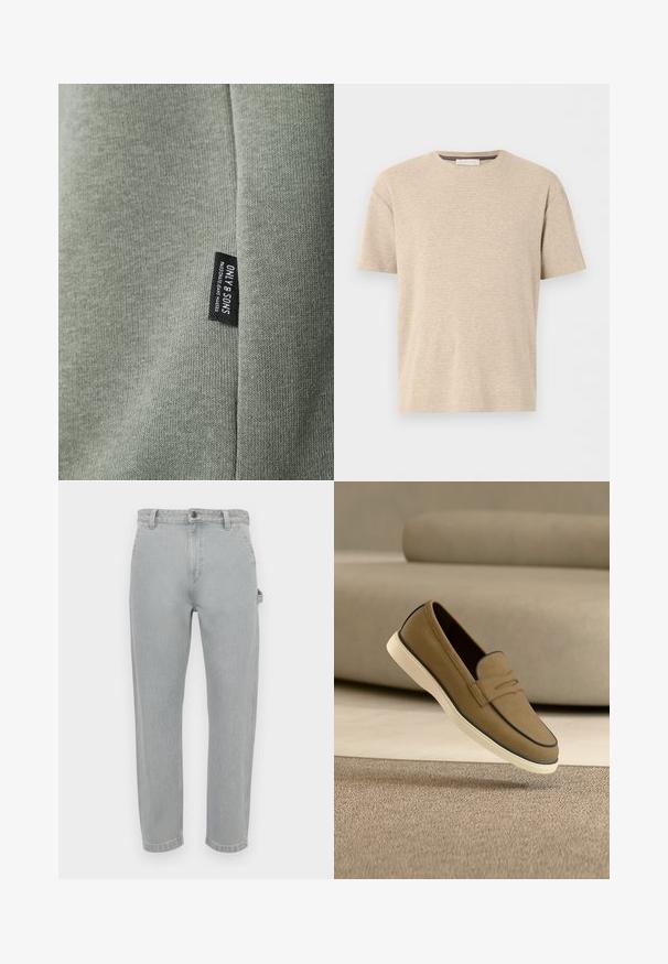 Lys grøn stof med en glat tekstur, der har et sort mærke med teksten "ONLY & SONS." Stoffet viser fine strikkemønstre.; Beige kortærmet bomulds T-shirt med rund hals og subtil horisontal tekstur, vist på hvid baggrund.; Lysegrå denimjeans med lige pasform. Har en klassisk linning, fem lommer og diskret falmning for struktur.; Lysebrun ruskind slip-on sko med hvid sål svævende over beige tæppe, neutralfarvet sofa i sløret baggrund.