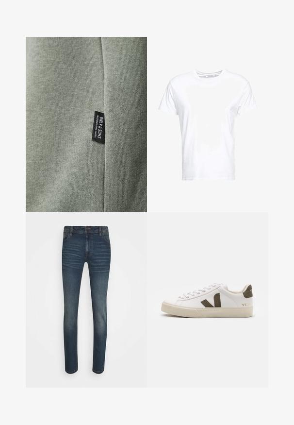 Lys grøn stof med en glat tekstur, der har et sort mærke med teksten "ONLY & SONS." Stoffet viser fine strikkemønstre.; Hvid bomulds t-shirt med rund halsudskæring og korte ærmer, i en klassisk pasform og glat tekstur. Ingen mønstre eller hardware synlige.; Mørkeblå denim jeans med slim fit, der har et klassisk fem-lomme design, falmede områder og subtile teksturerede linjer på fronten.; Hvide læder sneakers med en lys beige gummisål. Har en brun ruskinds V-logo og hælflap. Snørret lukning med en struktureret overflade.