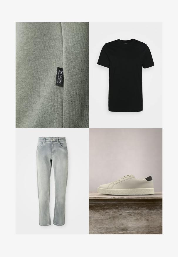 Lys grøn stof med en glat tekstur, der har et sort mærke med teksten "ONLY & SONS." Stoffet viser fine strikkemønstre.; Sort kortærmet T-shirt lavet af glat bomuldsstoff, med rund halsudskæring og et enkelt design uden mønstre eller accenter.; Lys grå denimjeans med lige ben, fem lommer, knaplukning og subtile falmning detaljer på stoffet.; Hvid sneaker med tekstureret sål og sort hældetalje, svævende over en træbænk med højt grønt græs i baggrunden.