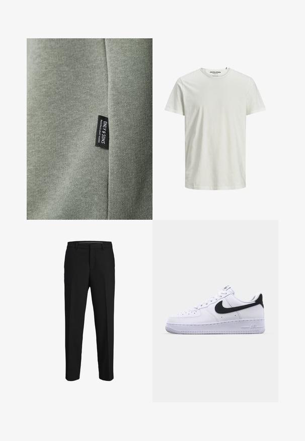 Lys grøn stof med en glat tekstur, der har et sort mærke med teksten "ONLY & SONS." Stoffet viser fine strikkemønstre.; Hvid kortærmet T-shirt lavet af økologisk bomuld. Har en rund halsudskæring og en afslappet pasform, med en simpel, glat tekstur.; Sorte bukser lavet af glat stof, med lige snit, bæltestropper og et fladt frontdesign uden synlige mønstre eller pyntegenstande.; Hvide lædersneakers med en struktureret sort Swoosh, flade snørebånd og en gummisål med et rillemønster. "AIR" er præget på hælen.