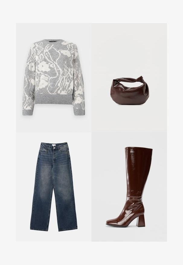 Pull en maille gris avec un motif floral blanc, col rond, et bords-côtes aux poignets et à l'ourlet, fabriqué dans un matériau doux.; Jeans en denim bleu taille haute pour hommes, avec jambes larges, bouton et fermeture éclair à l'avant, ainsi que poches avant et arrière.; Bottes en cuir verni marron jusqu'aux genoux avec un bout carré, finition brillante et un talon épais pour la stabilité. Design sans couture sans matériel visible.; Sac bandoulière en cuir marron foncé avec une forme souple et décontractée et une anse nouée torsadée sur un fond blanc uni.