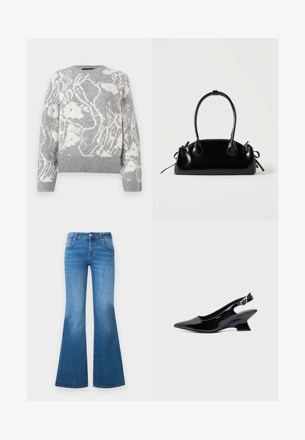 Pull en maille gris avec un motif floral blanc, col rond, et bords-côtes aux poignets et à l'ourlet, fabriqué dans un matériau doux.; Jean en denim bleu évasé avec une taille mi-haute, cinq poches et des détails décolorés sur les cuisses. Accents en métal argenté sur les boutons.; Chaussure slingback en cuir verni noir avec bout pointu et petit talon bloc incliné sur fond clair uni.; Petit sac à main noir brillant avec deux longues anses et des détails à cordon sur les côtés sur un fond clair uni.