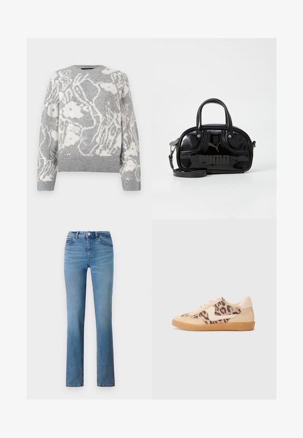 Grå strikket sweater med et hvidt blomstermønster, rund halsudskæring og ribbede manchetter og kant, fremstillet af blødt materiale.; Lyseblå denimjeans med lige ben, forsynet med lynlås, knaplukning og syede lommer foran og bagpå.; Leopardprint sneakers med beige ruskindsoverdel, tan gummisål og hvide detaljer. Rund pegefinger og snørebåndsdesign med en tekstureret finish.; Sort lakeret håndtaske med dobbelte top-håndtag, aftagelig skulderrem, rund form og et fremtrædende præget "PUMA"-logo.