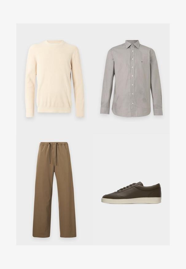 Pull à manches longues en tricot côtelé de couleur crème, avec encolure ronde et poignets ajustés, présenté sur un fond blanc uni.; Chemise homme à manches longues avec petits motifs géométriques en noir, blanc et gris, dotée d'un col pointu et d'un petit logo brodé sur la poitrine.; Pantalon marron à coupe droite avec taille élastique et cordons noirs, présenté sur un fond clair uni.; Baskets basses en cuir marron foncé avec lacets sur le devant et semelle en caoutchouc couleur crème, vues de côté extérieur sur fond blanc.