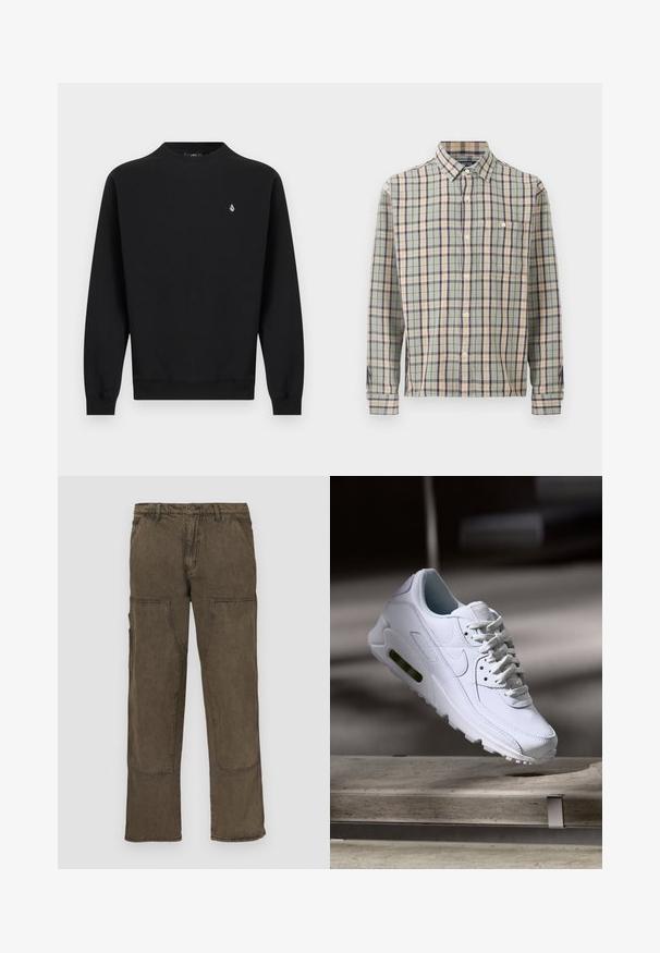 Sweat-shirt noir à manches longues avec col rond, poignets et ourlet côtelés, avec un petit logo blanc sur le côté gauche de la poitrine.; Chemise à manches longues boutonnée avec un motif à carreaux vert, beige et bleu marine, avec une poche poitrine unique sur un fond uni.; Pantalon cargo en tissu marron foncé, avec plusieurs poches, coupe droite, renforts aux endroits stratégiques et détails de couture.; Baskets blanches en cuir avec des surfaces texturées, un col rembourré et un amorti d'air visible dans la semelle. Elles possèdent des lacets et un design minimaliste.