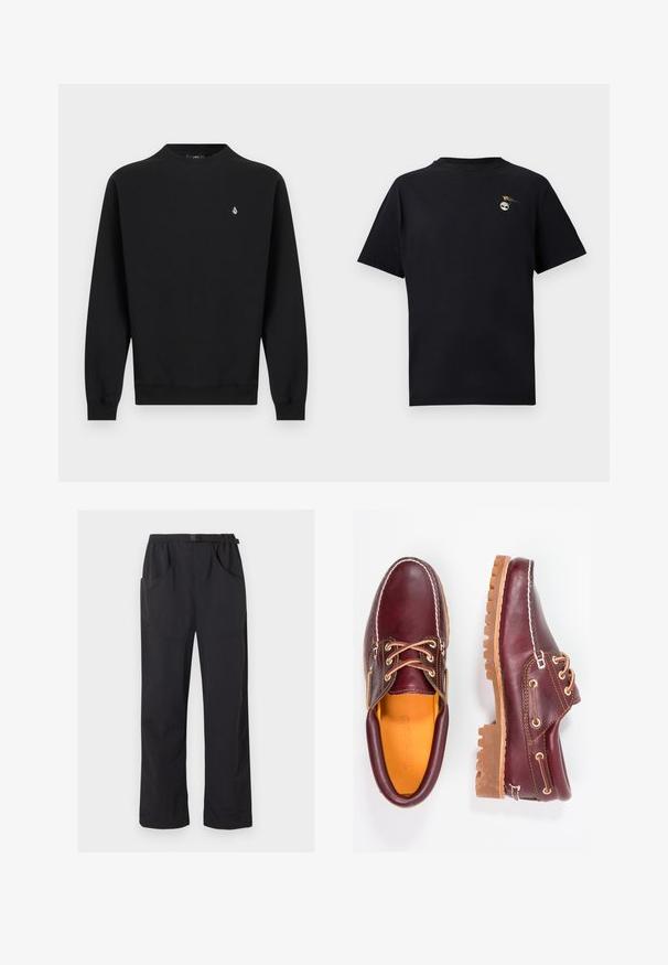 Sweat-shirt noir à manches longues avec col rond, poignets et ourlet côtelés, avec un petit logo blanc sur le côté gauche de la poitrine.; T-shirt noir à manches courtes avec col rond, petit logo d'arbre blanc et détail de papillon jaune sur le côté gauche de la poitrine.; Pantalon noir à jambe droite avec taille élastique et ceinture ajustable à boucle, doté de poches avant et latérales.; Chaussures en cuir bourgogne avec semelles en caoutchouc marron, bout rond, couture blanche et œillets dorés. L'intérieur présente une doublure jaune.