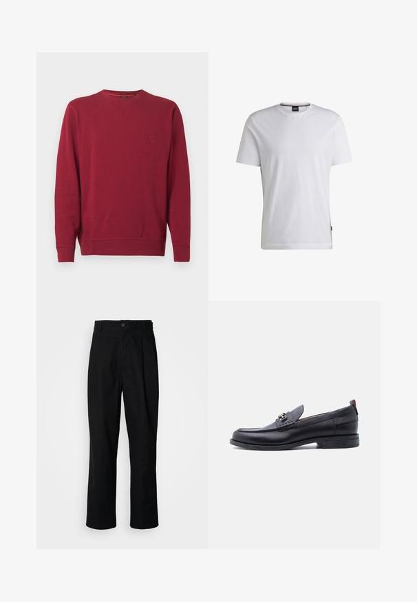 Sweat-shirt rouge en tissu doux avec un col rond, des manches longues et un petit patch logo sur la poitrine. Texture lisse partout.; T-shirt blanc à manches courtes en coton. Doté d'un col rond et d'une étiquette de marque subtile sur le côté. Texture lisse et design simple.; Pantalons noirs à jambes droites avec une taille à bouton, passants de ceinture et pli avant, présentés sur un fond blanc uni.; Mocassin en cuir noir avec empeigne texturée grise, détail boucle en métal argenté, petit talon et languette à l'arrière.