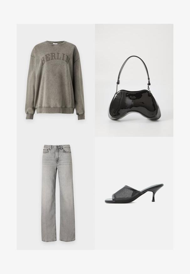 Sweatshirt en coton gris avec col rond, épaules tombantes et poignets côtelés. Présente "BERLIN" en grandes lettres foncées et une texture subtile.; Jean large en denim gris avec un lavage moyen, comportant une fermeture à bouton, cinq poches et des détails de couture standard.; Mule noire à talon haut avec tige en mesh et talon aiguille pointu, bout ouvert et semelle lisse sur fond blanc uni.; Sac à main en cuir verni noir avec une forme incurvée unique, une anse courte et ajustable, et une fermeture zippée. Texture lisse avec un branding discret.