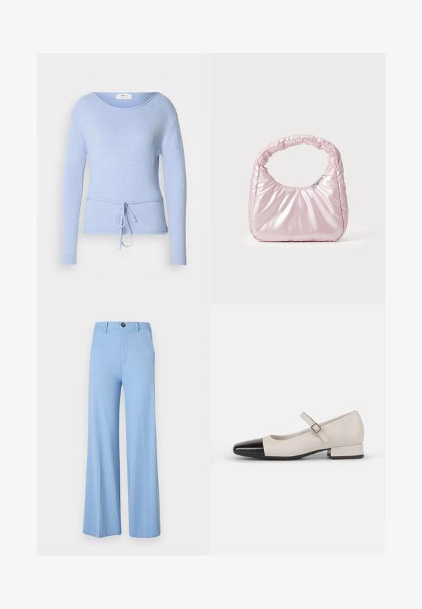 Pull bleu clair à manches longues en tissu doux avec un large col et une taille à cordon pour un ajustement réglable. Texture lisse.; Pantalon large bleu clair en tissu lisse, équipé d'une fermeture à bouton et de poches avant. Design épuré et ajusté sans motifs.; Chaussure de style Mary Jane en cuir crème avec un bout en vernis noir. Présente un bout rond, une sangle de cheville avec une boucle carrée et un petit talon carré.; Sac à main rose rembourré avec un design arrondi, fabriqué à partir d'un matériau brillant. Dispose d'une poignée froncée et d'une fermeture éclair pour un accès sécurisé.