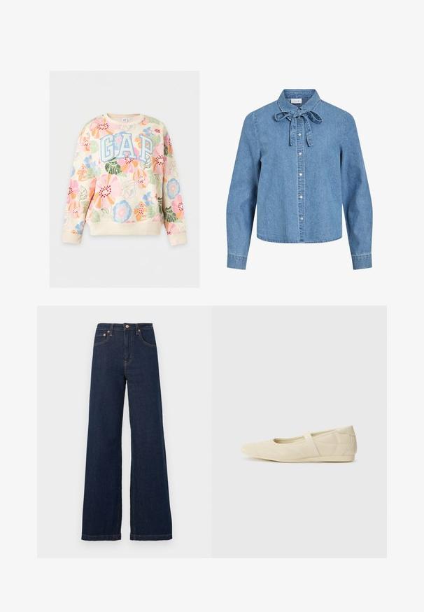 Sweat-shirt crème à motif floral coloré, grandes lettres bleues '"GAP"' sur la poitrine, manches longues et poignets et ourlet côtelés.; Chemise en denim bleu clair à manches longues avec des boutons-pression argentés sur le devant et un nœud noué au col.; Jean denim bleu foncé taille haute, jambes larges, avec poches avant, passants pour ceinture, bouton et rivets couleur cuivre.; Ballerines beiges avec une exterior en cuir lisse, un bout en forme d'amande et une sangle élastique sur le coup de pied, avec des détails de couture subtils.