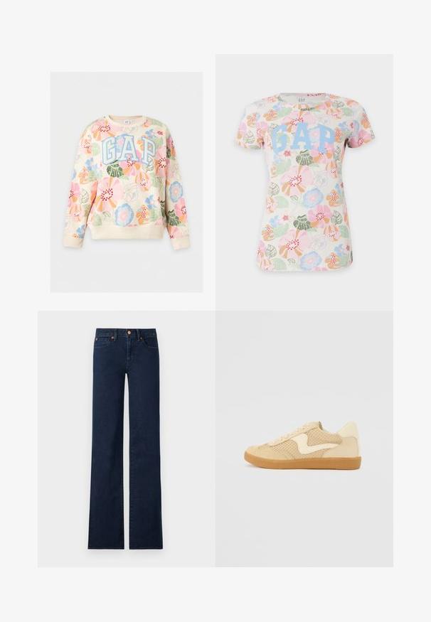Sweat-shirt crème à motif floral coloré, grandes lettres bleues '"GAP"' sur la poitrine, manches longues et poignets et ourlet côtelés.; T-shirt blanc à manches courtes avec des motifs floraux colorés rose, vert, bleu et orange et un grand texte bleu clair "GAP" sur le devant.; Jean en denim bleu foncé taille haute, jambes larges et droites, poches avant et détails de rivets en cuivre sur fond blanc.; Sneaker beige avec des matériaux en daim et en maille, forme arrondie, col rembourré proéminent et semelle en caoutchouc gomme. Présente un accent de design en forme de vague.