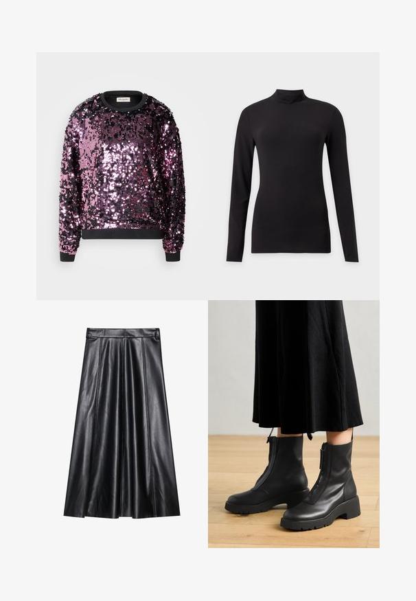 Ehete säraga sweatshird lillade ja mustade toonide kombinatsioonis. Omab ümarat kaelust ja musti varrukaotsi. Särav tekstuur ühtlase läikega.; Mustast venivast pika varrukaga topp teivakraega, näht heleda halli tausta peal.; Mustast nahast A-line seelik plisseeringutega, millel on sile tekstuur, tihe vöökoht ja nähtavad õmbluse detailid. Ilma lisakaunistusteta.; Mustad nahast pahkluu saapad paksu platvormitaldadega ja esise closinguga. Sile tekstuur ja minimalistlik disain.
