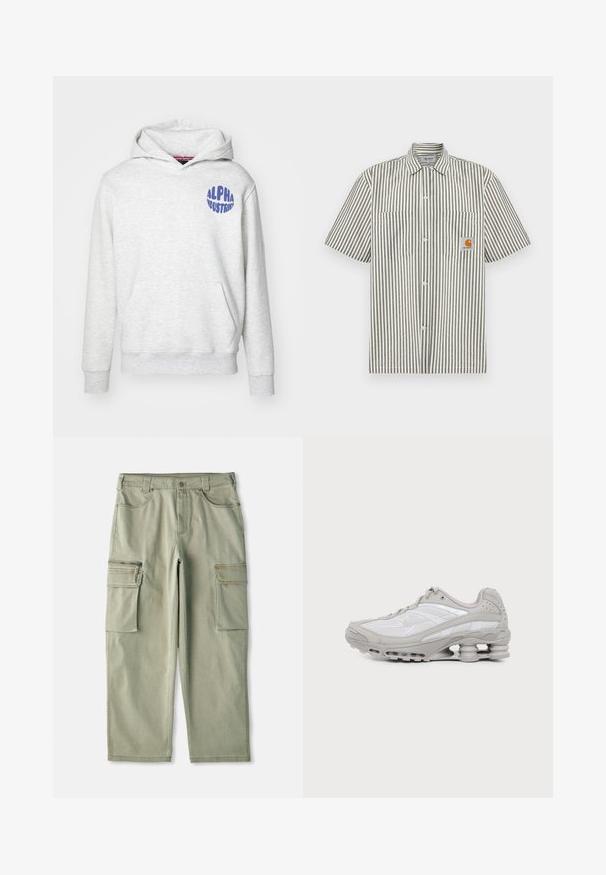 Svetlošedá mikina s kapucňou vyrobená z mäkkého materiálu. Obsahuje predné vrecko a modré logo "ALPHA INDUSTRIES" na hornej ľavej strane.; Pruhovaná košeľa s krátkym rukávom v sivej a bielej farbe, s dvoma náprsnými vreckami a obdĺžnikovou logovou náplasťou v oranžovej farbe. Dizajn s gombíkmi na prednej strane.; Khaki cargo nohavice so voľným strihom, vyrobené z bavlny, s dvoma bočnými cargo vreckami a zipsovým vreckom na ľavom stehne.; Šedá a biela športová teniska s viditeľnou podrážkou s vzduchovou vložkou a sieťovinovými panelmi, zobrazená v profile na jednoduchom svetlom pozadí.