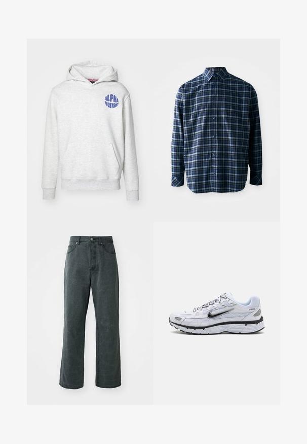 Heled hall sweatshirt, mis on valmistatud pehmest materjalist. Omab es frontend kotti ja sinist "ALPHA INDUSTRIES" logo vasakul ülemisel küljel.; Sinine ja must ruuduline särg made of puuvill, millel on nuppudega eesmine osa, pikad varrukad ja üks rinna-tasku. Tekstuuriga kangas.; Laiad tumedad hallid teksad, mis on valmistatud denimist, kõrge vöökohaga, viie taskuga disainiga ja kergelt kulunud tekstuuriga.; Valge jooksutoss, millel on võrkmaterjalist pealis, ümar varvas, mustad aksessuaarid ja mustriline tall. Omab paeltega kinnitamist ja brändingut külgedel.