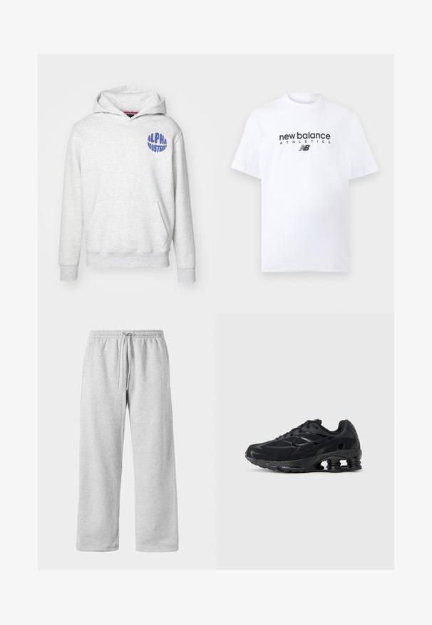 Svetlošedá mikina s kapucňou vyrobená z mäkkého materiálu. Obsahuje predné vrecko a modré logo "ALPHA INDUSTRIES" na hornej ľavej strane.; Biele bavlnené tričko s okrúhlym výstrihom, na prednej strane v strede je čierne logo "new balance" a nápis "ATHLETICS". Krátke rukávy, štandardný strih.; Svetlo šedé tepláky s elastickým pásom a šnúrkou, vyrobené z mäkkej zmesi bavlny, s širokými nohavicami a hladkou textúrou. Bez viditeľných vreciek.; Čierna športová obuv s hornou časťou z mikrovlákna, polstrovaným golierom a výraznou tlmiacou technológiou na päte. Má textúrované detaily a šnúrky.