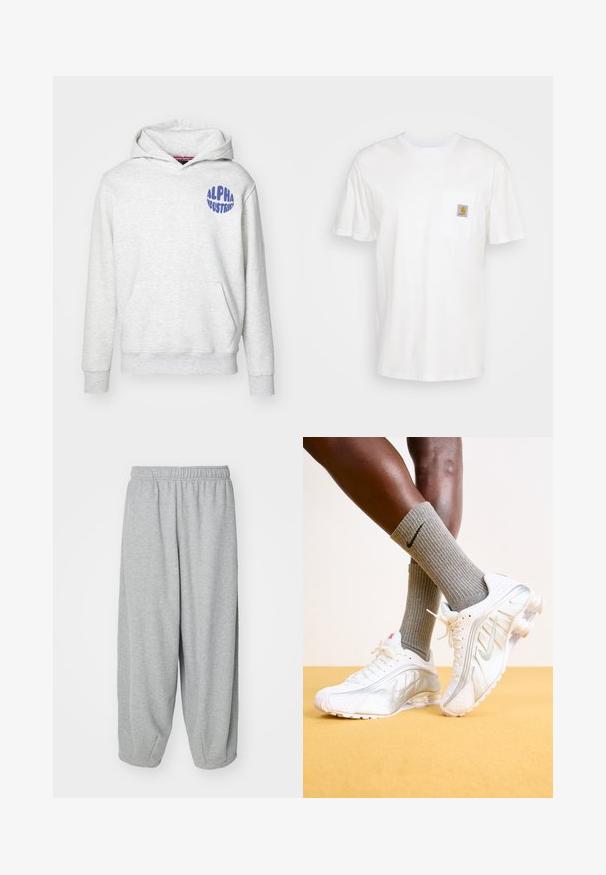 Svetlošedá mikina s kapucňou vyrobená z mäkkého materiálu. Obsahuje predné vrecko a modré logo "ALPHA INDUSTRIES" na hornej ľavej strane.; Biele bavlnené tričko s krátkymi rukávmi, vreckom na hrudi a malou štvorcovou nášivkou v oranžovej a bielej farbe na vrecku.; Svetlošedé, voľné tepláky vyrobené z mäkkej tkaniny. Elastický pás a manžety na členkoch. Jednoduchý a nezdobený dizajn.; Biele tenisky Nike so striebornými akcentmi, vybavené textúrovanými panelmi a perforáciami. Spárované so šedými rebrovanými ponožkami, umiestnené na žltom pozadí.