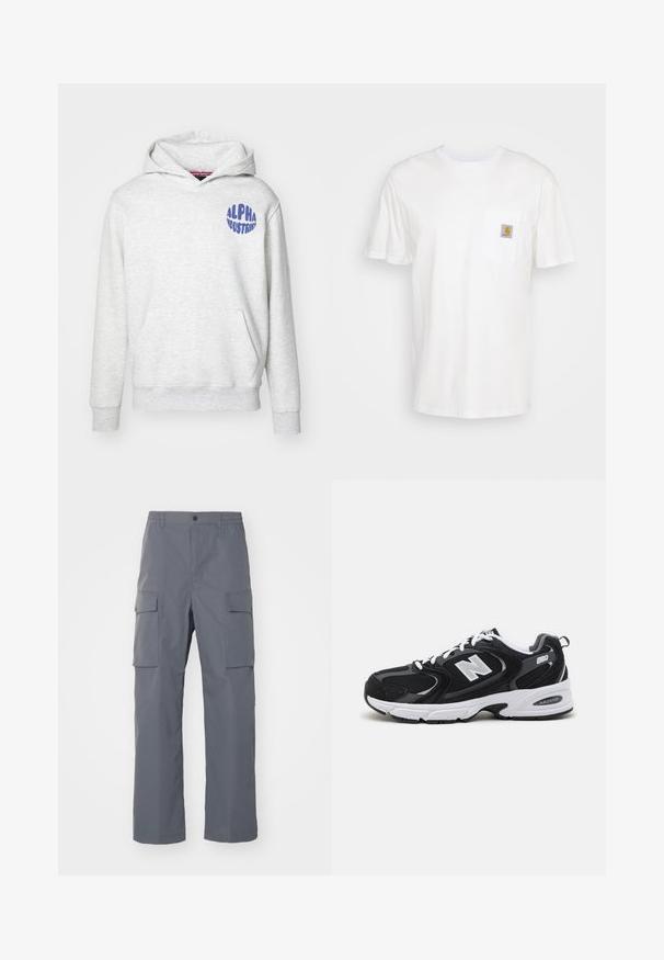 Svetlošedá mikina s kapucňou vyrobená z mäkkého materiálu. Obsahuje predné vrecko a modré logo "ALPHA INDUSTRIES" na hornej ľavej strane.; Biele bavlnené tričko s krátkymi rukávmi, vreckom na hrudi a malou štvorcovou nášivkou v oranžovej a bielej farbe na vrecku.; Šedé cargo nohavice vyrobené z odolnej tkaniny. Medzi vlastnosti patrí elastický pás, dve veľké bočné vrecká a strih s rovnými nohavicami.; Čierne a šedé športové topánky s hornou časťou z mikrovlákna a zamatu, s bielou medzipodrážkou, šnúrkami a výrazným logom "N" na boku.