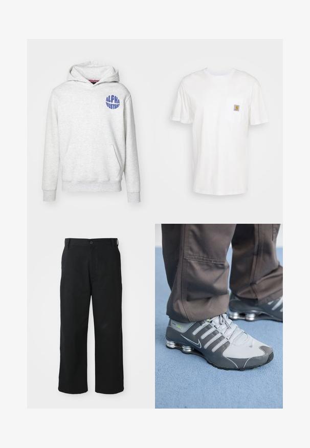 Lys grå hættetrøje lavet af blødt materiale. Har en forlomme og et blåt "ALPHA INDUSTRIES" logo på den øverste venstre side.; Hvid bomulds T-shirt med korte ærmer, en brystlomme, og et lille firkantet logo patch i orange og hvid på lommen.; Sorte bukser med bredt ben i et blødt stof. Har en knaplukning, bæltesløjfer og lige aldre for en afslappet pasform.; Grå og sølv Nike Shox sneakers har et slankt design med mesh og syntetiske materialer, en rund tå og en polstret krave.