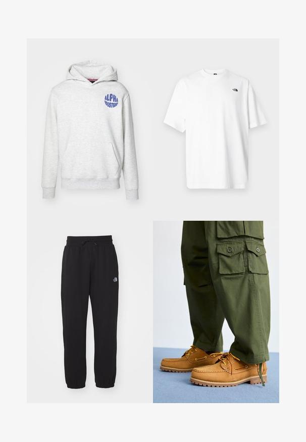 Svetlošedá mikina s kapucňou vyrobená z mäkkého materiálu. Obsahuje predné vrecko a modré logo "ALPHA INDUSTRIES" na hornej ľavej strane.; Biele bavlnené tričko s krátkymi rukávmi, dizajnom s výstrihom do V, s malým čiernym logom na hornej ľavej strane. Mäkká textúra, voľný strih.; Čierne tepláky vyrobené z mäkkej látky, s elastickým pásom s šnúrkou, s manžetami na členkoch a malým logom na hornej strane stehna.; Timberland AUTHENTIC 3 EYE - Jachtárska obuv - wheat