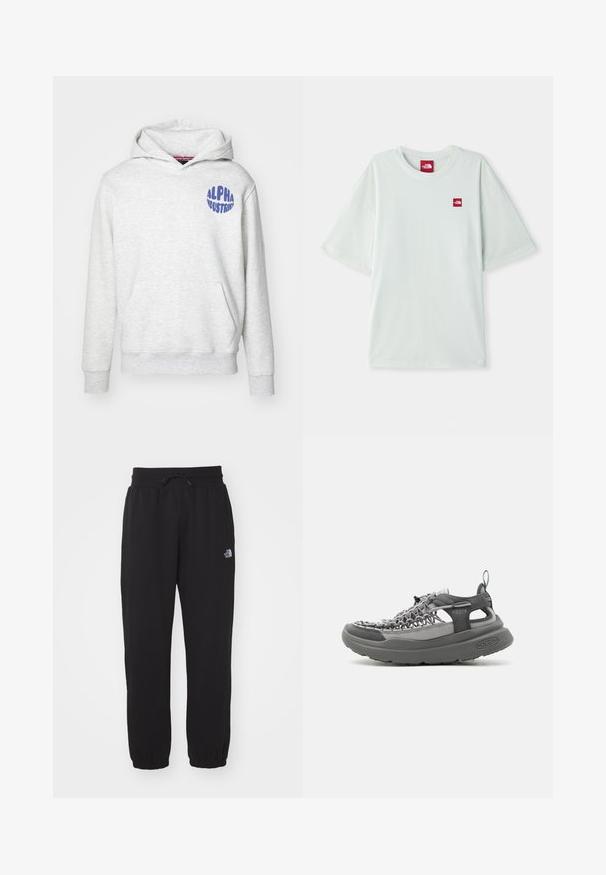 Lys grå hættetrøje lavet af blødt materiale. Har en forlomme og et blåt "ALPHA INDUSTRIES" logo på den øverste venstre side.; Lysegrøn kortærmet t-shirt lavet af blød bomuld, med et lille rødt logo på venstre brystområde. Løs pasform og rund halsudskæring.; Sorte sweatpants lavet af blødt stof, med en elastisk talje med snor, manchetter ved anklerne og et lille logo på det øverste lår.; Sporty grå sandal med flettet overdel, tyk polstret sål, hæl-loop og justerbar snørelukning til udendørs og afslappet brug.